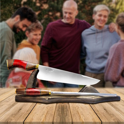 Brazilian Flame - 10" Rumpsteak Traditional Set Stainless Steel 3mm Knife + Sharpener - Picanha Set Red-United Backyard