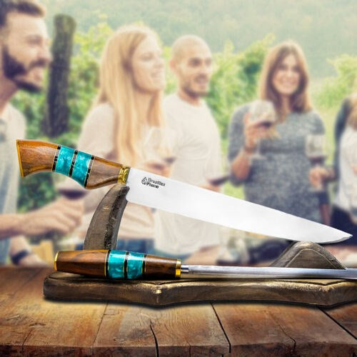 Brazilian Flame - 10" Traditional Line Stainless Steel Knife 3mm with Sharpener and w/Case - Ribs Set Green-United Backyard