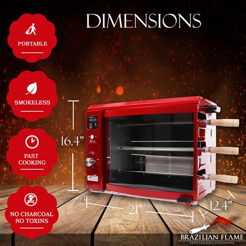 Brazilian Flame - Gas Rotisserie Brazilian Grill, 3 Skewer Unit, No Upper Tray - Red-United Backyard