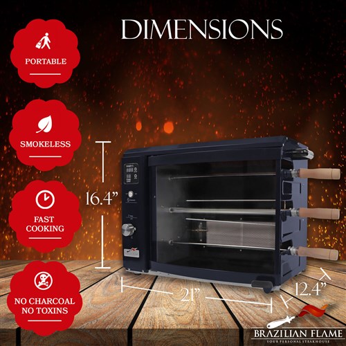 Brazilian Flame - Gas Rotisserie Brazilian Grill, 3 Skewer Unit, Upper Tray INCLUDED - Black-United Backyard