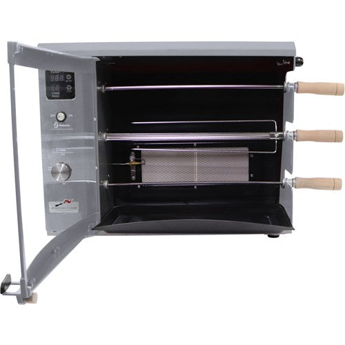Brazilian Flame - Gas Rotisserie Brazilian Grill, 3 Skewer Unit, Upper Tray INCLUDED - Silver-United Backyard