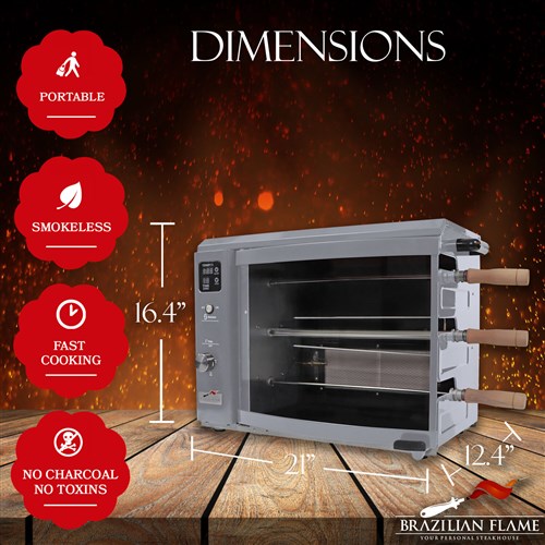 Brazilian Flame - Gas Rotisserie Brazilian Grill, 3 Skewer Unit, Upper Tray INCLUDED - Silver-United Backyard