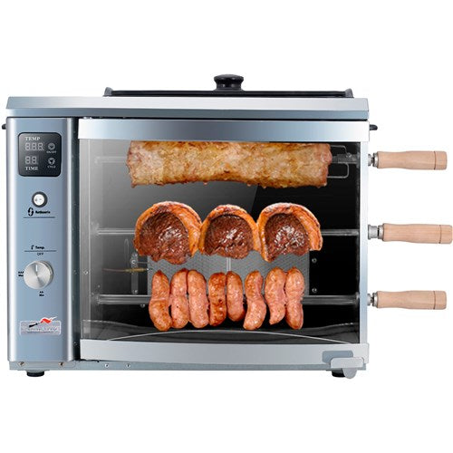 Brazilian Flame - Gas Rotisserie Brazilian Grill, 3 Skewer Unit, Upper Tray INCLUDED - Silver-United Backyard