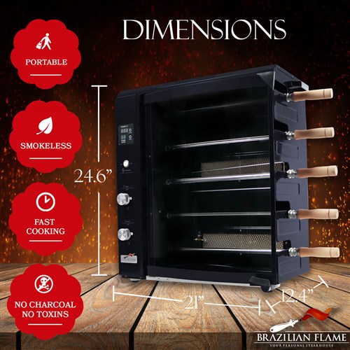 Brazilian Flame - Gas Rotisserie Brazilian Grill, 5 Skewer Unit, No Upper Tray - Black-United Backyard