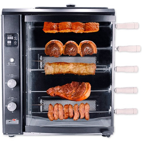 Brazilian Flame - Gas Rotisserie Brazilian Grill, 5 Skewer Unit, Upper Tray INCLUDED - Black-United Backyard