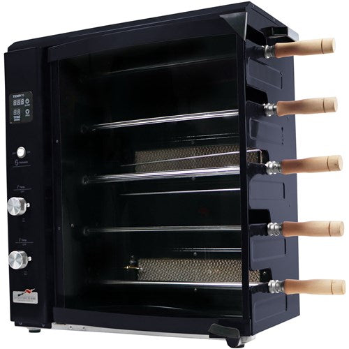 Brazilian Flame - Gas Rotisserie Brazilian Grill, 5 Skewer Unit, Upper Tray INCLUDED - Black-United Backyard