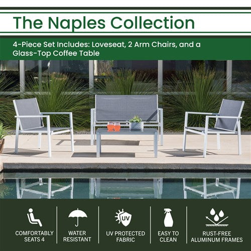 Hanover - 4pc Seating Set: sling loveseat, 2 sling side chairs, coffee table - White/Gray-United Backyard