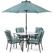 Hanover - 5pc Dining Set: 4 Chairs, 1 Square Table, 1 Umbrella, 1 Base - Gray/Ocean Blue-United Backyard