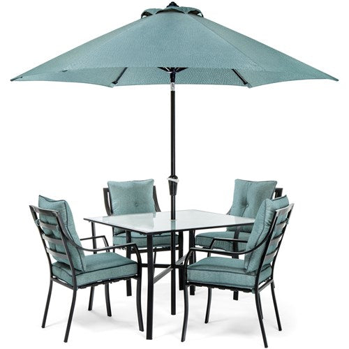 Hanover - 5pc Dining Set: 4 Chairs, 1 Square Table, 1 Umbrella, 1 Base - Gray/Ocean Blue-United Backyard