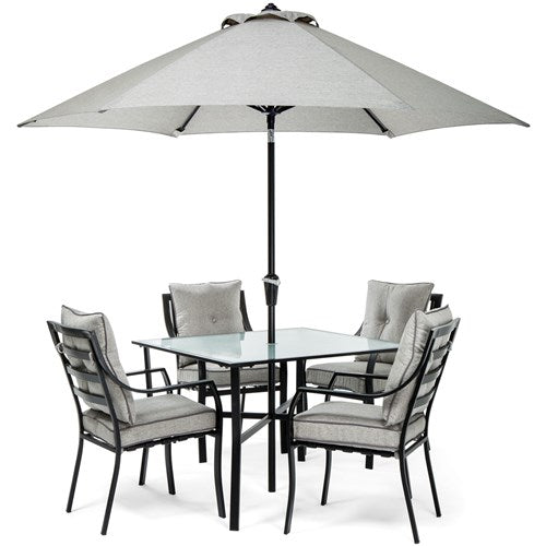Hanover - 5pc Dining Set: 4 Chairs, 1 Square Table, 1 Umbrella, 1 Base - Gray/Silver Linings-United Backyard