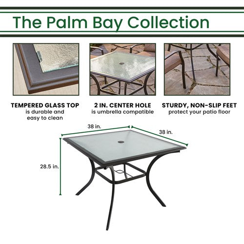 Hanover - 5pc Dining Set: 4 steel dining chairs w/cushions, 38" square glass table - Steel/Tan-United Backyard