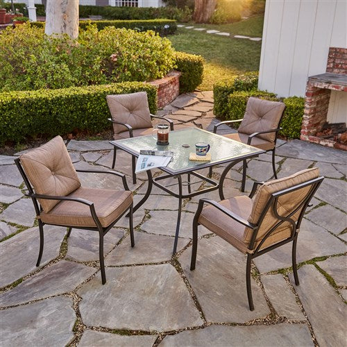 Hanover - 5pc Dining Set: 4 steel dining chairs w/cushions, 38" square glass table - Steel/Tan-United Backyard