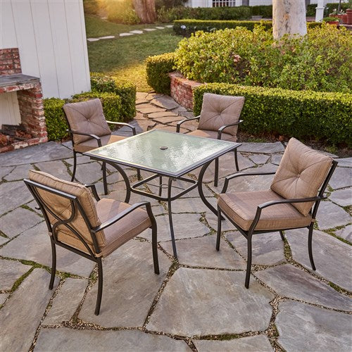 Hanover - 5pc Dining Set: 4 steel dining chairs w/cushions, 38" square glass table - Steel/Tan-United Backyard