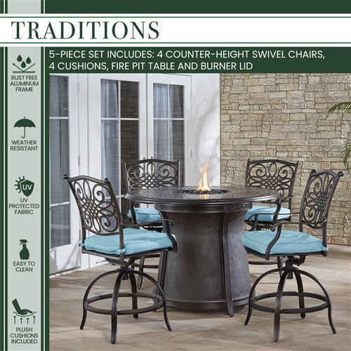 Hanover - 5pc High Fire Pit Set: 4 Swivel Chairs, 48" Round Cast Top Fire Pit Table - Alumicast/Blue-United Backyard