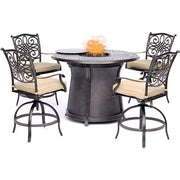 Hanover - 5pc High Fire Pit Set: 4 Swivel Chairs, 48" Round Cast Top Fire Pit Table - Alumicast/Tan-United Backyard