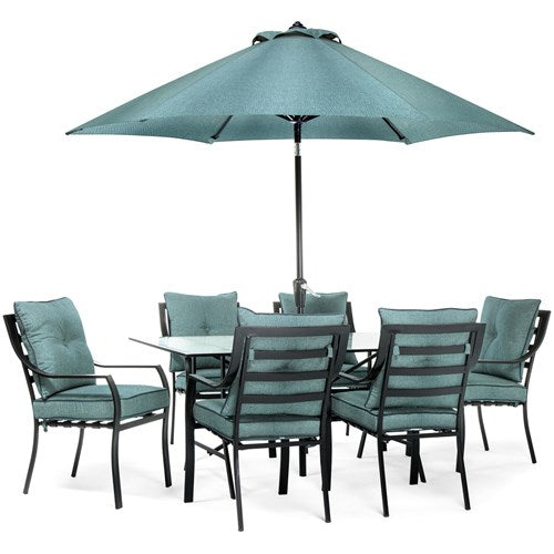 Hanover - 7pc Dining Set: 6 Chairs, 1 Table, 1 Umbrella, 1 Base - Gray/Ocean Blue-United Backyard