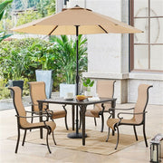 Hanover - Brigantine 5pc: 4 Sling Dining Chairs, 42" Square Cast Table, Umbrella & Base - Tan/Bronze-United Backyard