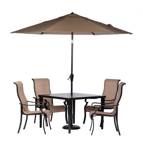 Hanover - Brigantine 5pc: 4 Sling Dining Chairs, 42" Square Cast Table, Umbrella & Base - Tan/Bronze-United Backyard