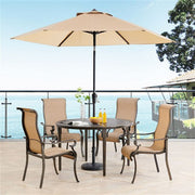 Hanover - Brigantine 5pc: 4 Sling Dining Chairs, 50" Round Cast Table, Umbrella & Base - Tan/Bronze-United Backyard