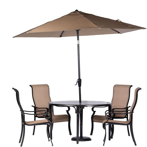 Hanover - Brigantine 5pc: 4 Sling Dining Chairs, 50" Round Cast Table, Umbrella & Base - Tan/Bronze-United Backyard