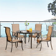Hanover - Brigantine 5pc: 4 Sling Dining Chairs and 50" Round Cast Table - Tan/Bronze-United Backyard