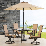 Hanover - Brigantine 5pc: 4 Sling Swivel Chairs, 42" Square Cast Table, Umbrella & Base - Tan/Bronze-United Backyard