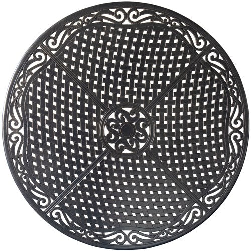 Hanover - Brigantine 5pc: 4 Sling Swivel Chairs, 50" Round Cast Table, Umbrella & Base - Tan/Bronze-United Backyard