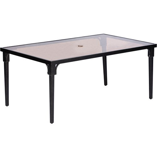 Hanover - Brigantine 7-pc Dining Set: Alum. Glass Table, 6 Chairs, Umbrella, Base - Tan/Cast Aluminum-United Backyard