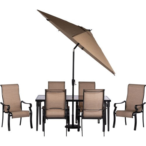 Hanover - Brigantine 7-pc Dining Set: Alum. Glass Table, 6 Chairs, Umbrella, Base - Tan/Cast Aluminum-United Backyard