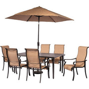Hanover - Brigantine 7-pc Dining Set: Aluminum Table, 6 Chairs, Umbrella, Base - Tan/Cast Aluminum-United Backyard