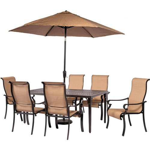 Hanover - Brigantine 7-pc Dining Set: Aluminum Table, 6 Chairs, Umbrella, Base - Tan/Cast Aluminum-United Backyard