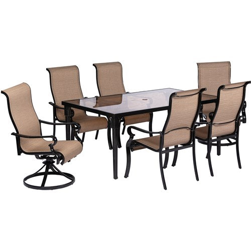 Hanover - Brigantine 7pc: 4 Sling Chairs, 2 Sling Swivel Rockers, 40x70" Glass Table - Cast/Tan-United Backyard