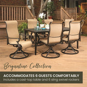 Hanover - Brigantine 7pc: 6 Sling Swivel Rockers, 40x70" Cast Dining Table - Cast/Tan-United Backyard