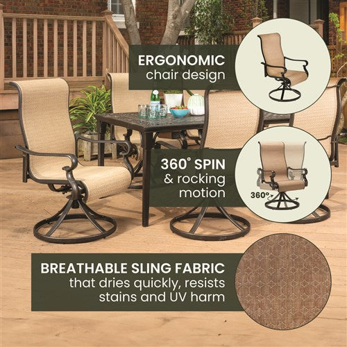 Hanover - Brigantine 7pc: 6 Sling Swivel Rockers, 40x70" Cast Dining Table - Cast/Tan-United Backyard