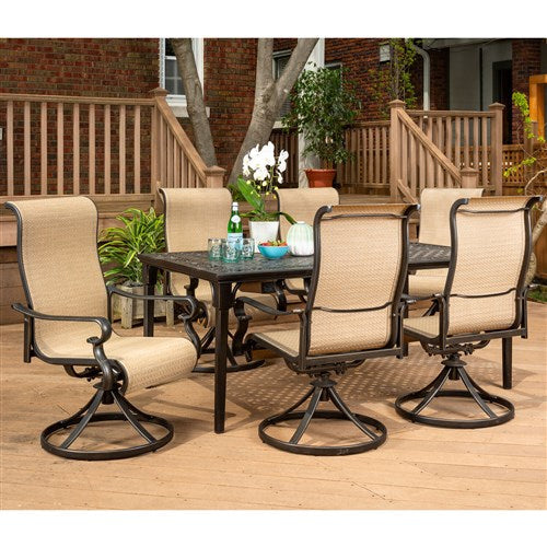 Hanover - Brigantine 7pc: 6 Sling Swivel Rockers, 40x70" Cast Dining Table - Cast/Tan-United Backyard