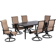 Hanover - Brigantine 7pc: 6 Sling Swivel Rockers, 40x70" Cast Dining Table - Cast/Tan-United Backyard