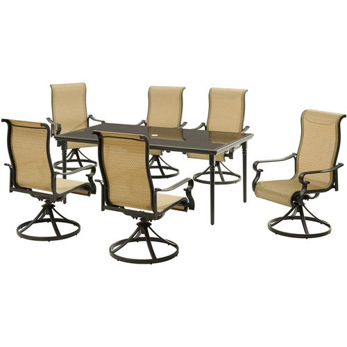 Hanover - Brigantine 7pc: 6 Sling Swivel Rockers, 40x70" Glass Dining Table - Cast/Tan-United Backyard