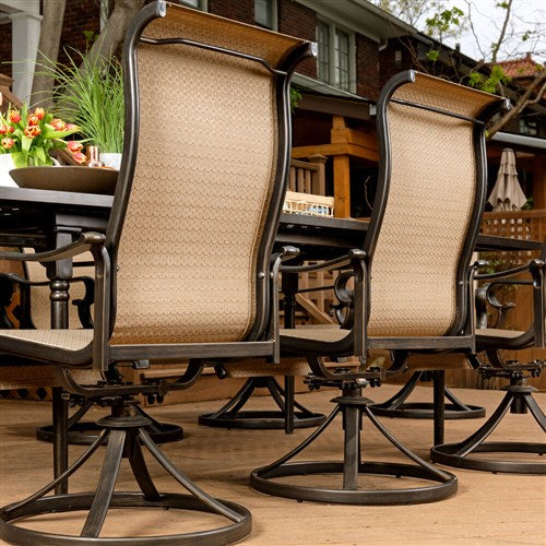 Hanover - Brigantine 9pc: 8 Sling Swivel Rockers, 60x84" Cast Dining Table - Cast/Tan-United Backyard