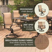Hanover - Brigantine 9pc: 8 Sling Swivel Rockers, 60x84" Cast Dining Table - Cast/Tan-United Backyard