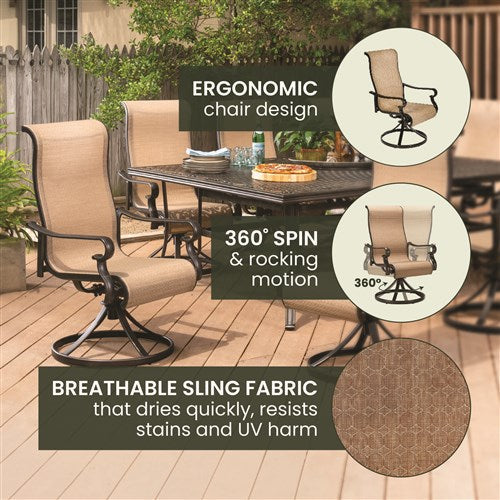 Hanover - Brigantine 9pc: 8 Sling Swivel Rockers, 60x84" Cast Dining Table - Cast/Tan-United Backyard