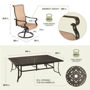 Hanover - Brigantine 9pc: 8 Sling Swivel Rockers, 60x84" Cast Dining Table - Cast/Tan-United Backyard