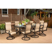 Hanover - Brigantine 9pc: 8 Sling Swivel Rockers, Expandable Cast Dining Table - Cast/Tan-United Backyard