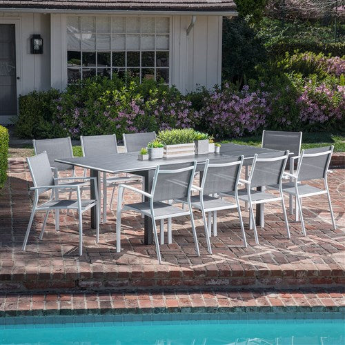 Hanover - Cameron 11pc: 10 Aluminum Sling Chairs, 63-94" Aluminum Extension Table - White/Gray-United Backyard