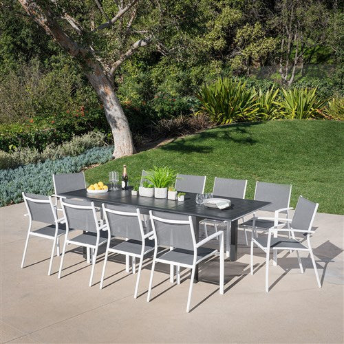 Hanover - Cameron 11pc: 10 Aluminum Sling Chairs, 63-94" Aluminum Extension Table - White/Gray-United Backyard
