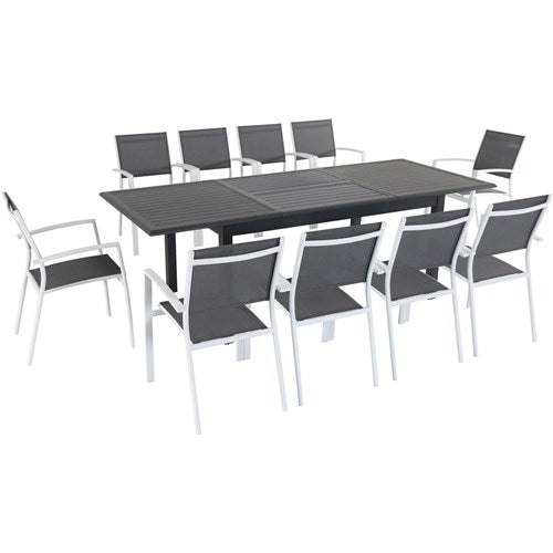 Hanover - Cameron 11pc: 10 Aluminum Sling Chairs, 63-94" Aluminum Extension Table - White/Gray-United Backyard