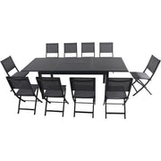 Hanover - Cameron 11pc: 10 Aluminum Sling Folding Chairs, 63-94" Alum Extension Table - Gray/Gray-United Backyard