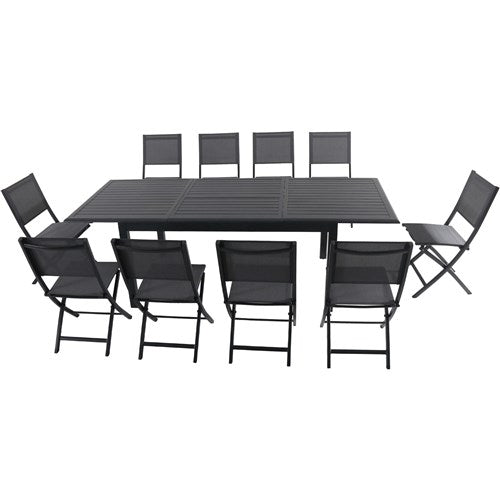 Hanover - Cameron 11pc: 10 Aluminum Sling Folding Chairs, 63-94" Alum Extension Table - Gray/Gray-United Backyard