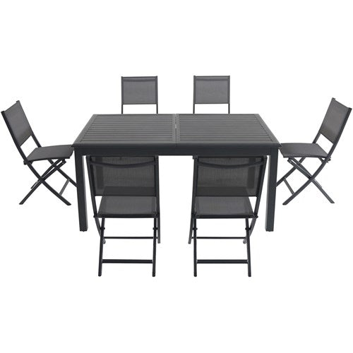 Hanover - Cameron 7pc: 6 Aluminum Sling Folding Chairs, 63-94" Alum Extension Table - Gray/Gray-United Backyard