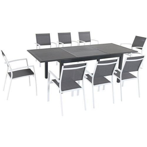 Hanover - Cameron 9pc: 8 Aluminum Sling Chairs, 63-94" Aluminum Extension Table - White/Gray-United Backyard
