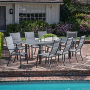 Hanover - Cameron 9pc: 8 High Back Padded Sling Chairs, 63-94" Aluminum Extension Table - Gray/Gray-United Backyard